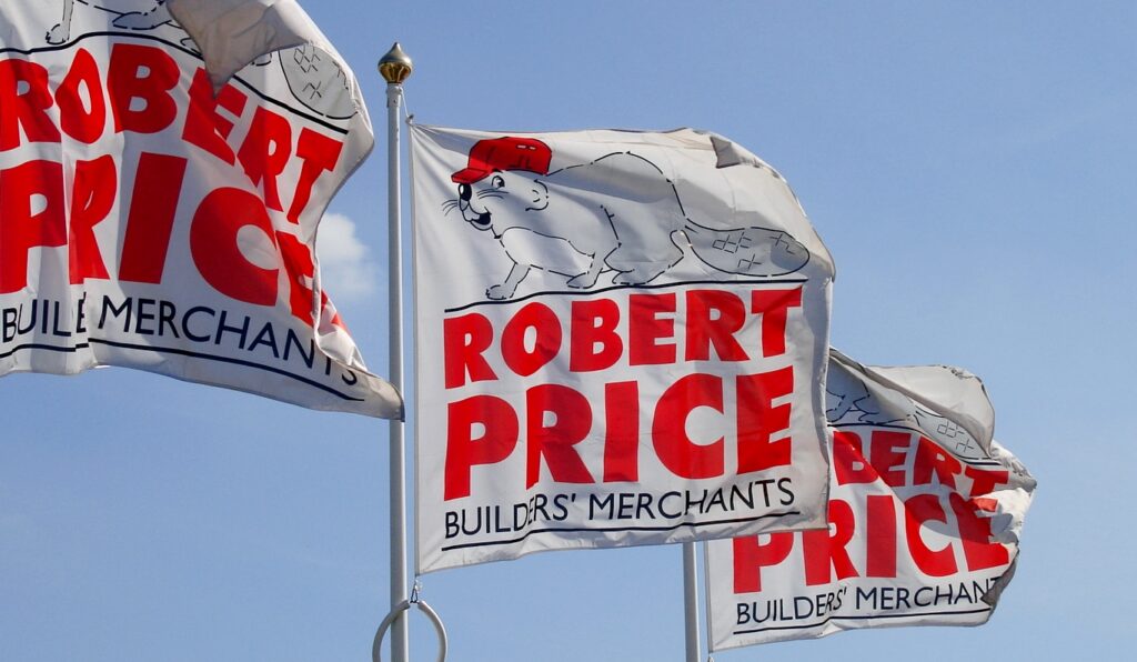 Flags in the wind depicting the Robert price logo