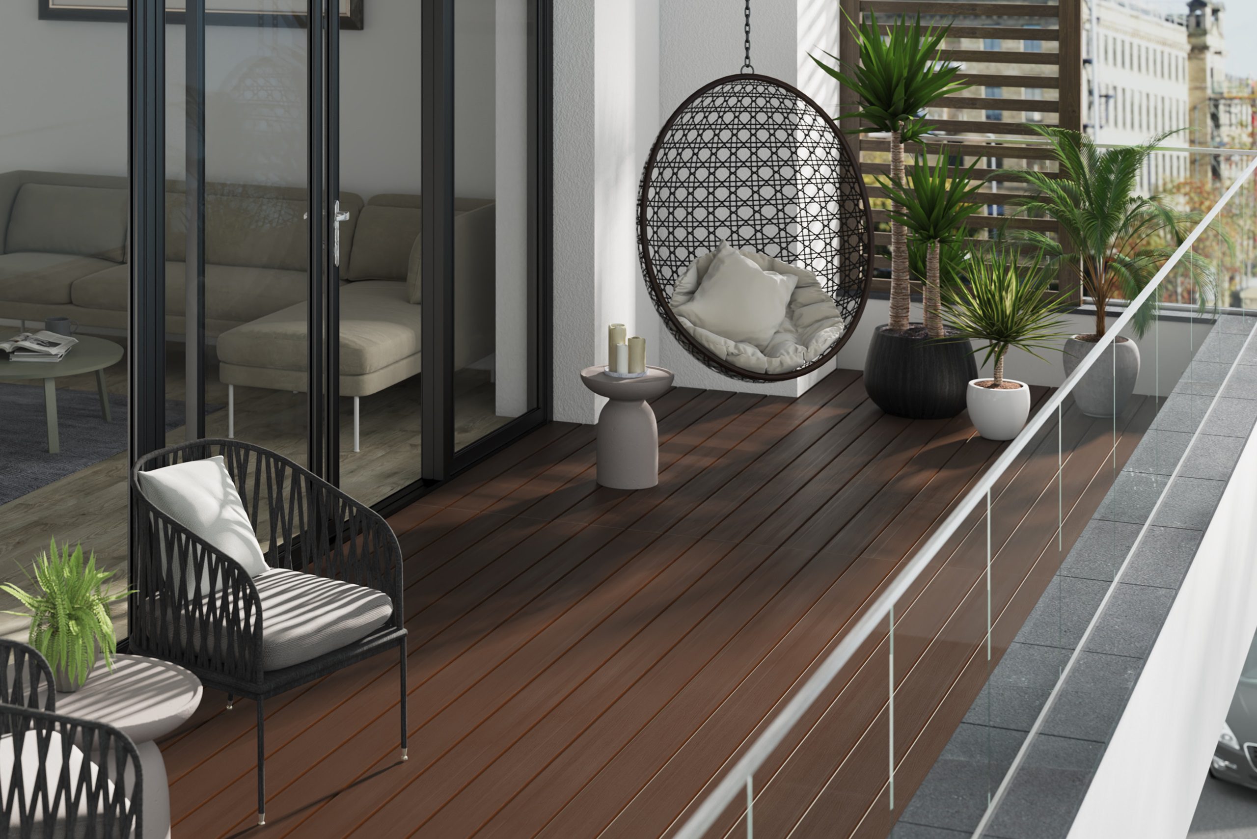 Evolution dark brown capped composite decking balcony setting