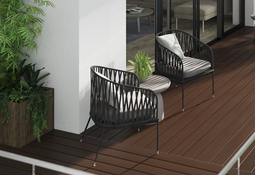 Evolution dark brown capped composite decking balcony setting close up