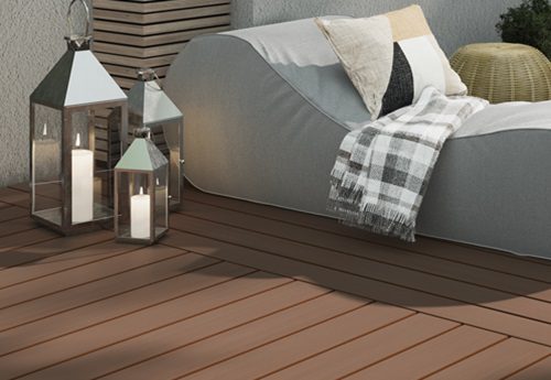 Evolution light brown capped composite decking with lighting