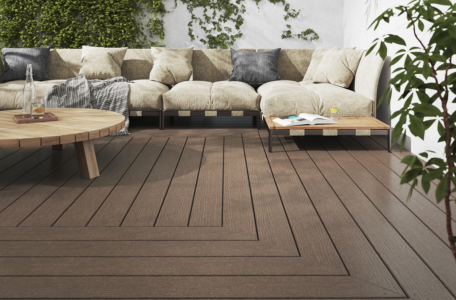 Heritage light brown wood effect composite decking with seating