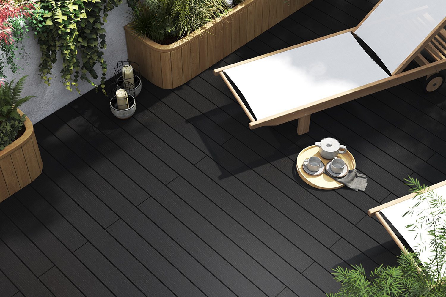 Heritage black woodgrain composite decking and deck chair