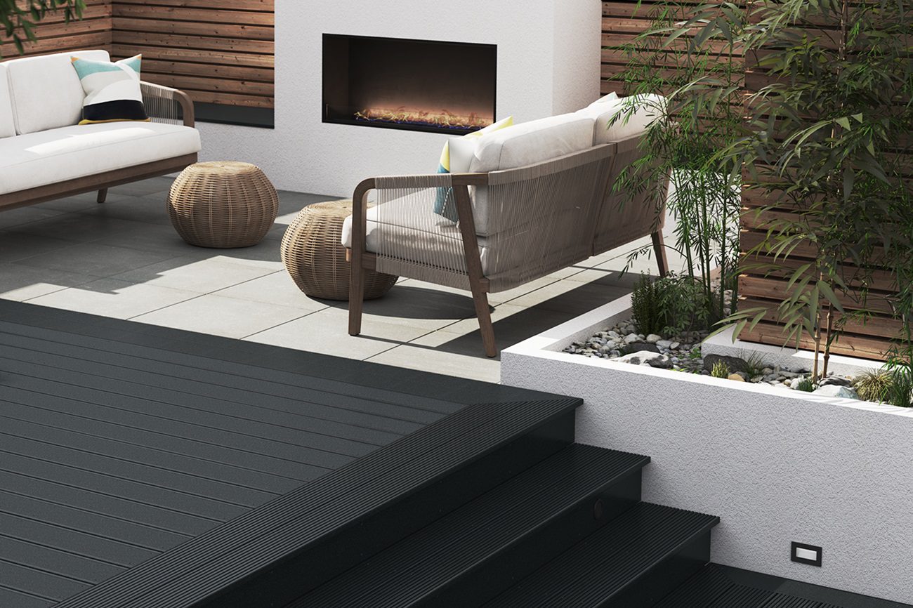 Signature AT dark grey grooved decking and steps