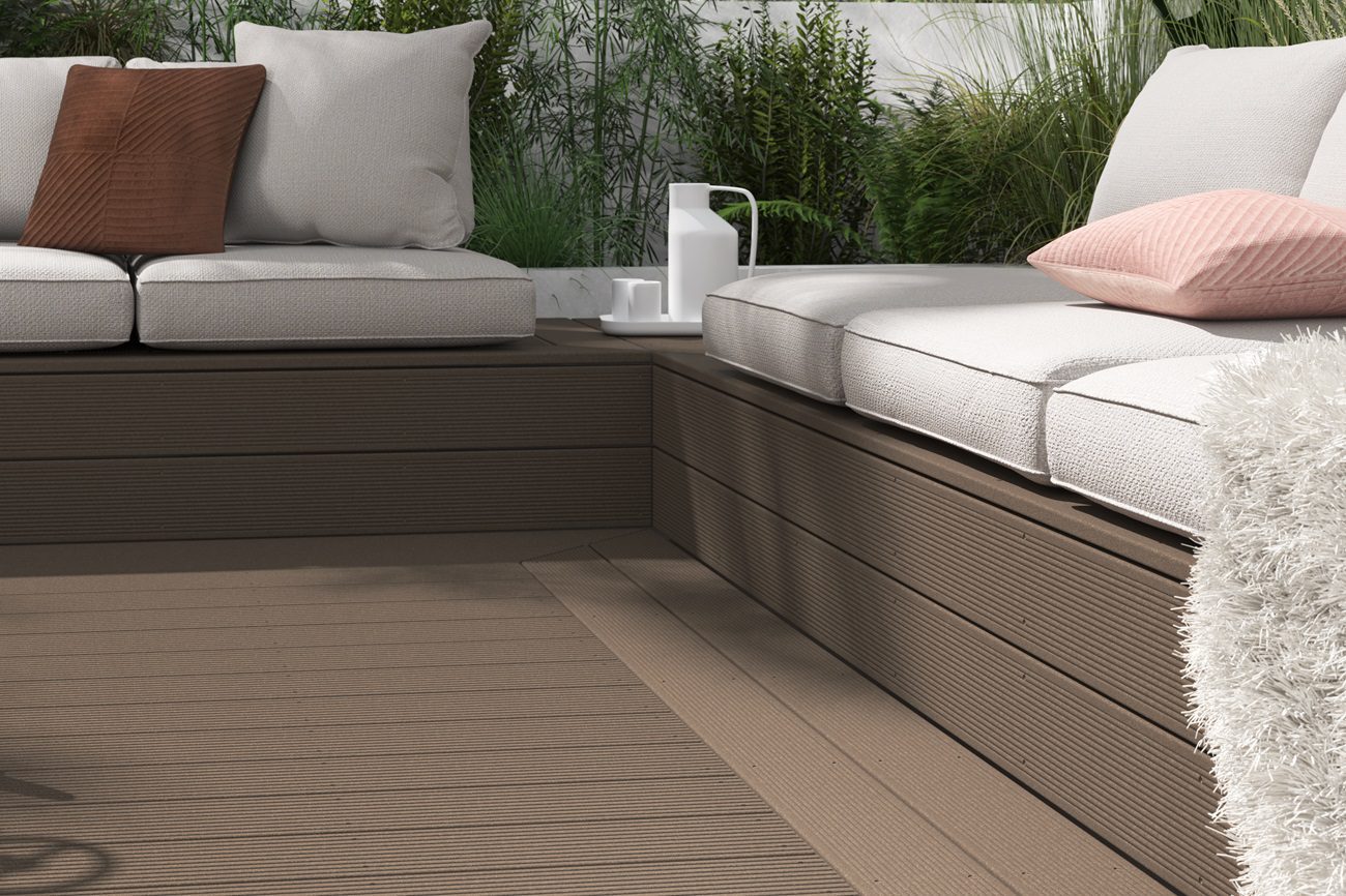 Signature HD light brown heavy duty composite decking with seating
