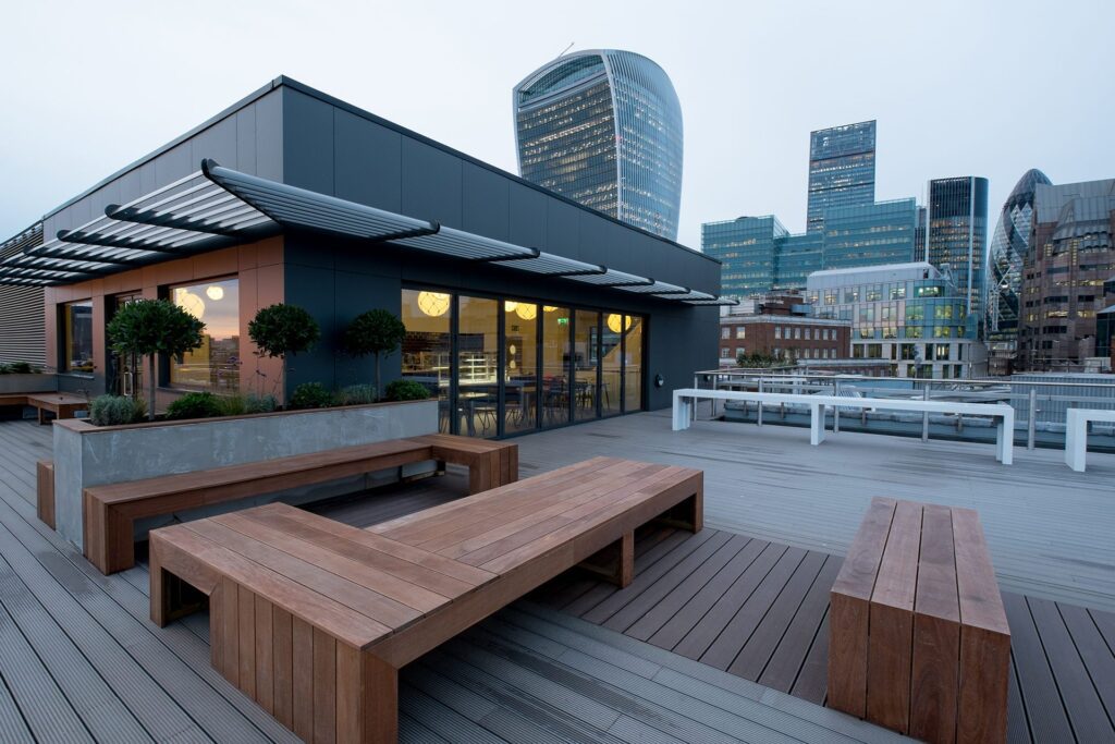 Outdoor terrace with two colours of composite decking