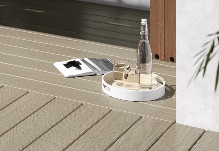 Close up of Evolution capped decking in Cool Sand