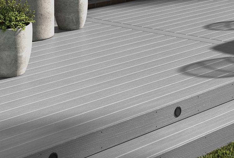 Close up of Evolution capped decking in ice grey