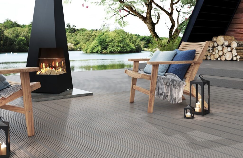 Electric fire pit on composite decking