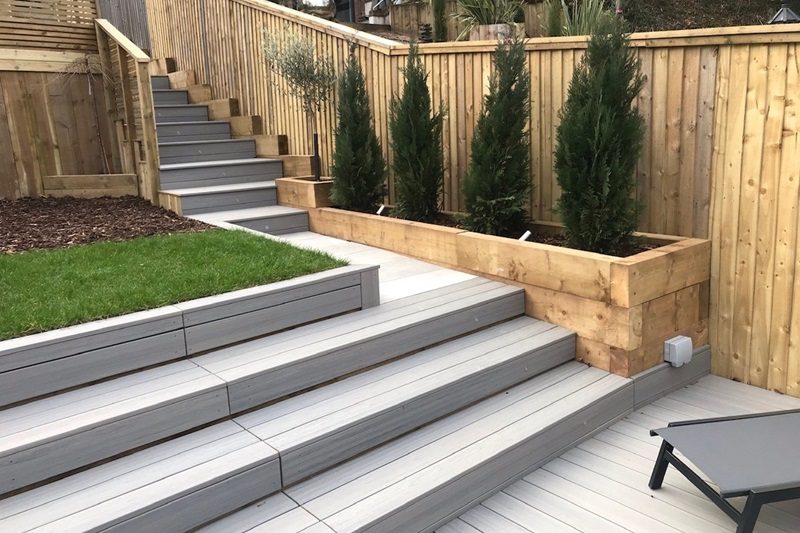 Composite decking steps in a garden