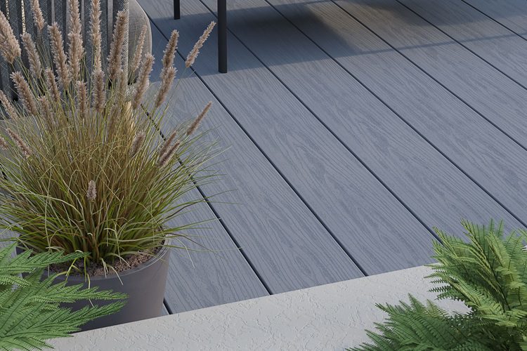 Close up of Stone grey extra wide PVC decking