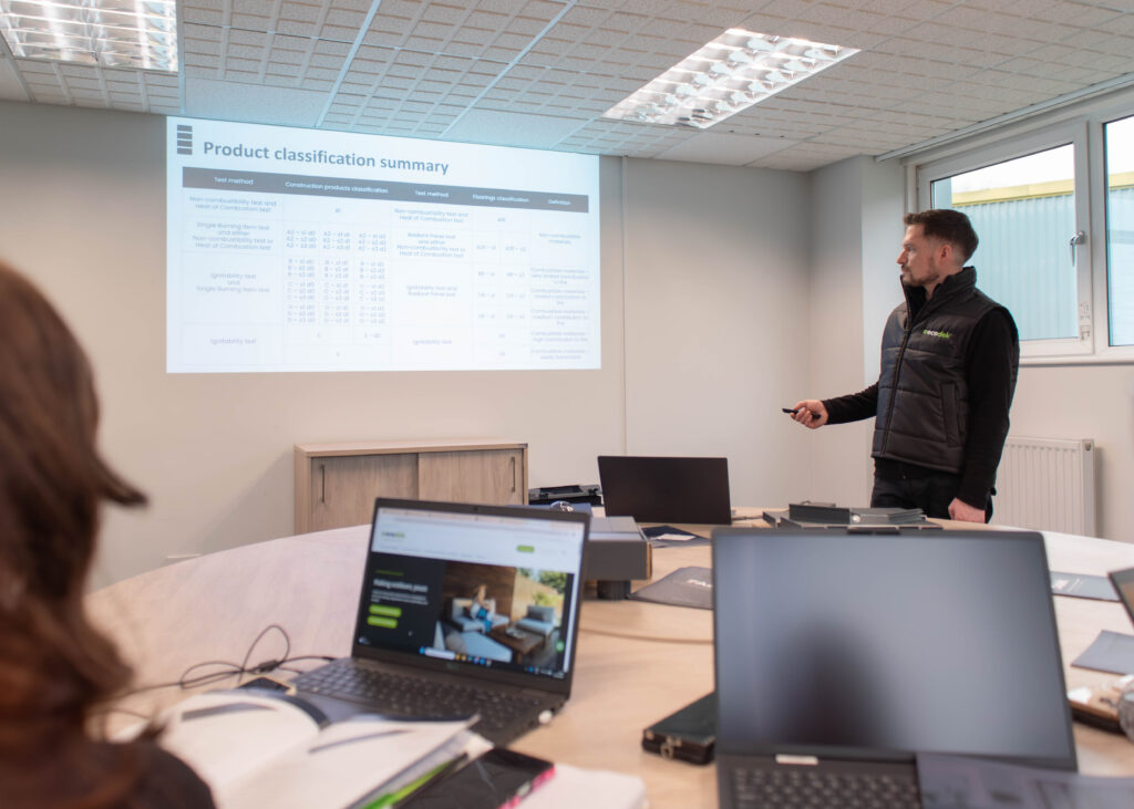 Ecodek team member delivering CPD on non-combustible decking.